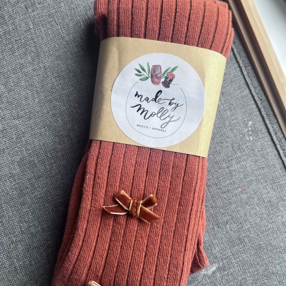 Rust Orange Ribbed Cotton Tights with Bows | 4-5 Years Old